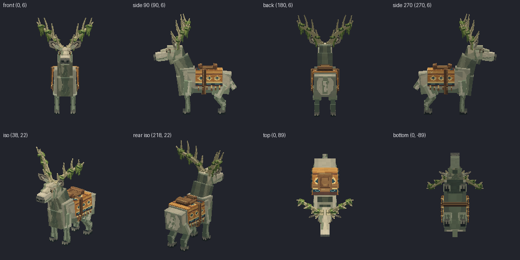 Antlered moss elk from eight angles