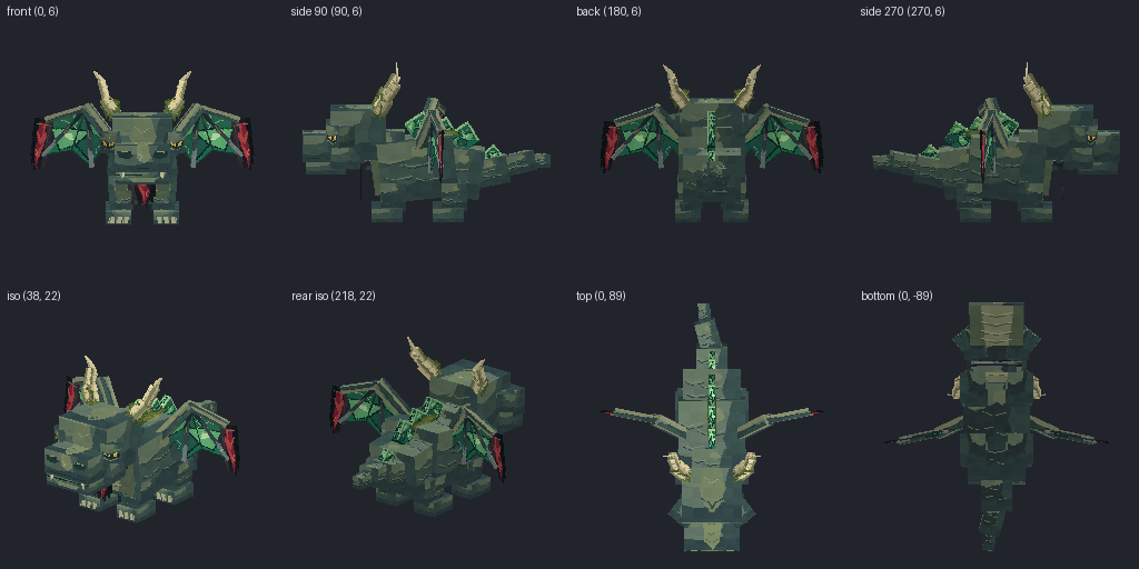 Banner-draped war dragon from eight angles