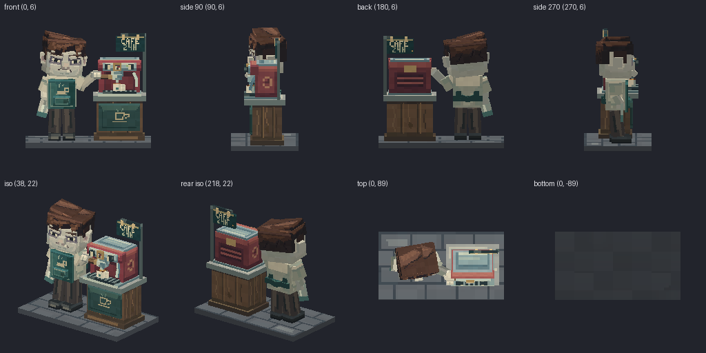 Barista at an espresso machine from eight angles