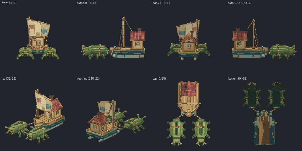 Beetle-drawn sand skiff from eight angles