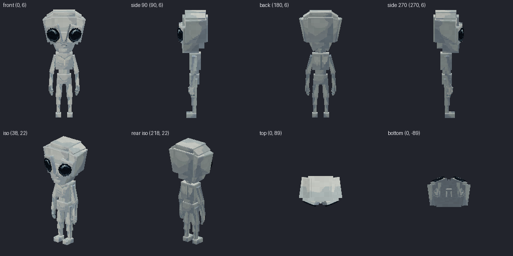 Big-eyed grey alien from eight angles