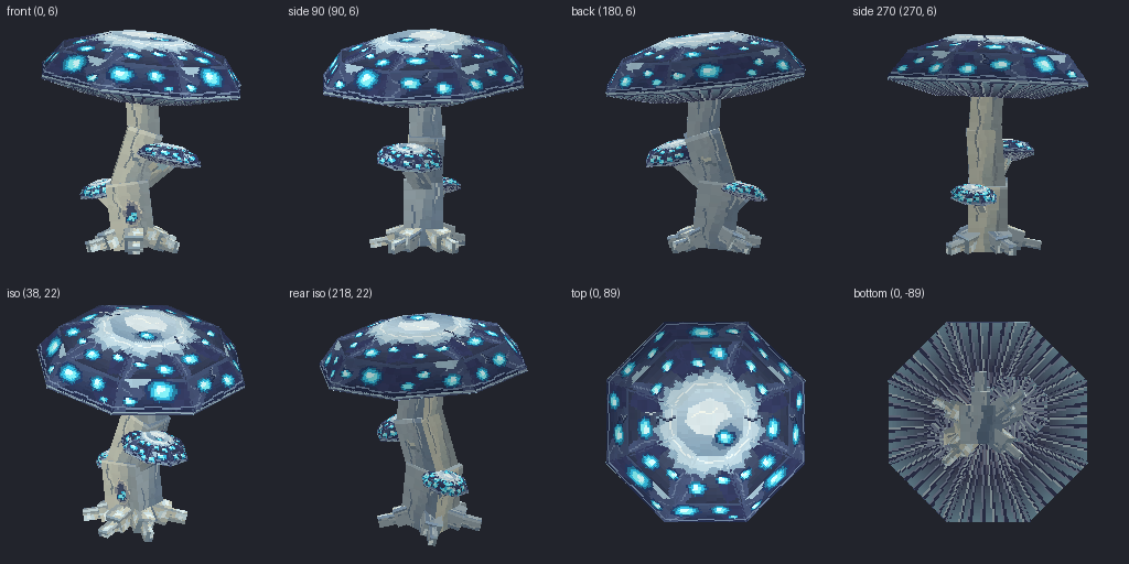 Bioluminescent alien fungus tree from eight angles
