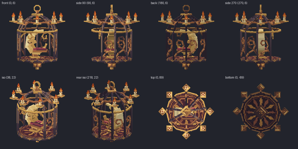 Birdcage chandelier with a sleeping moon from eight angles