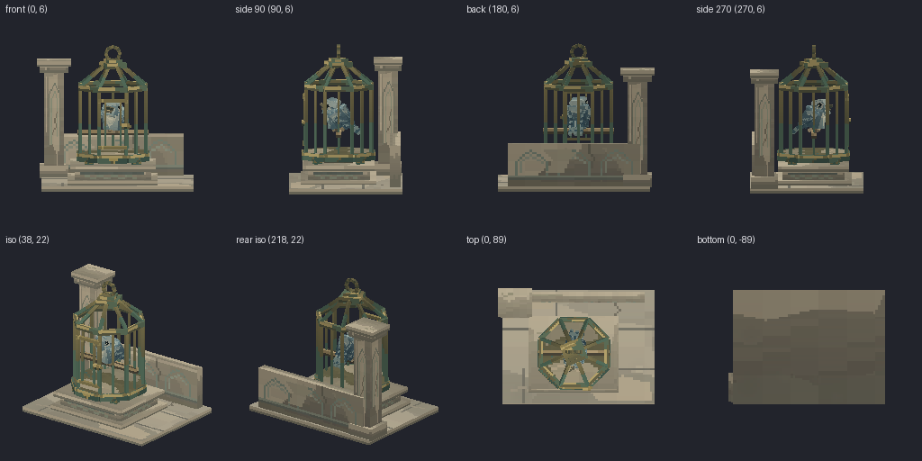 Birdcage with a songbird from eight angles