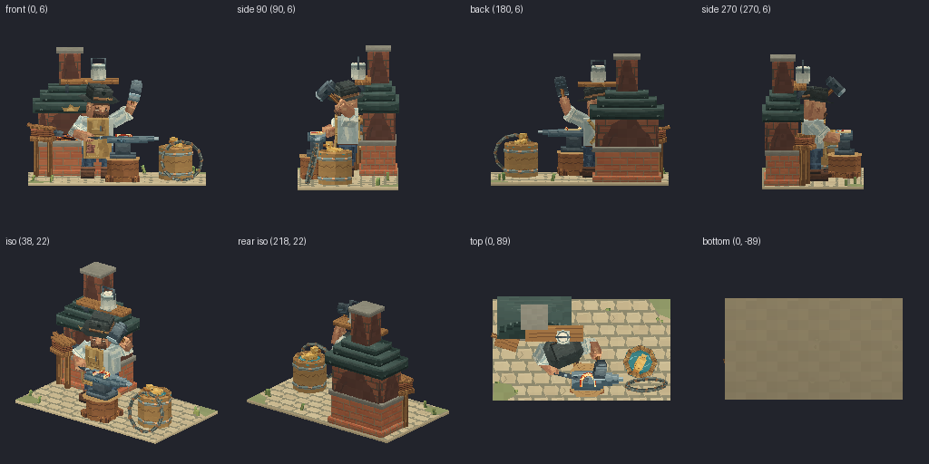 Blacksmith at an anvil from eight angles