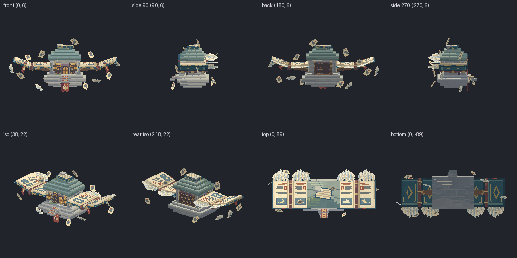Book-winged flying library from eight angles