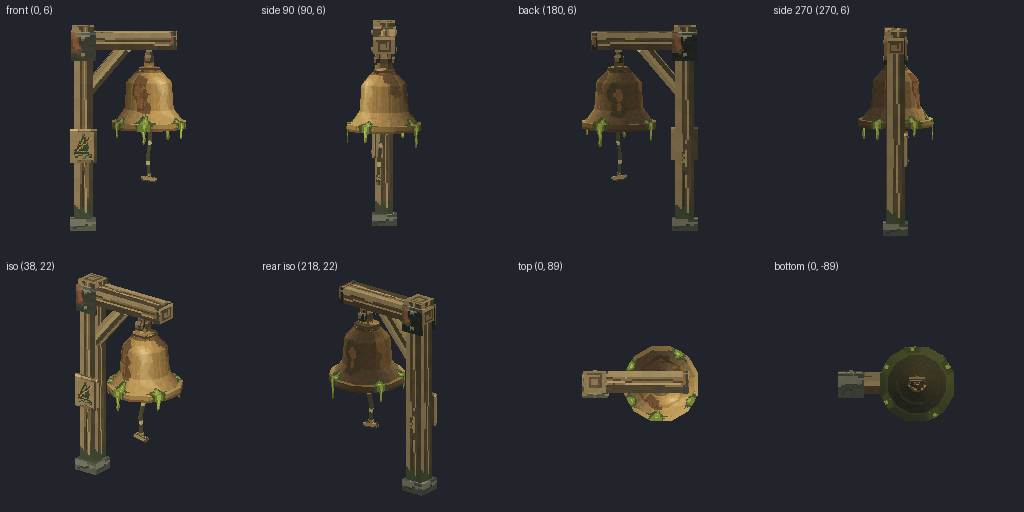 Brass bell on a post from eight angles