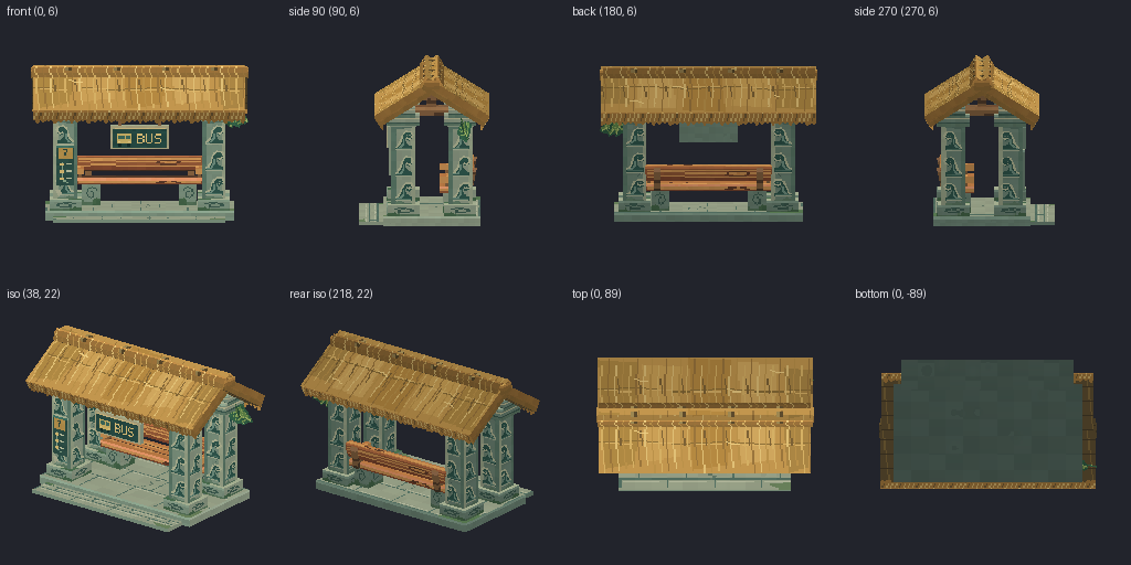 Bus stop shelter from eight angles