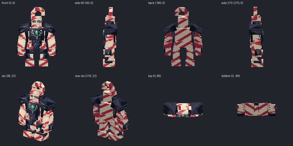 Candy cane golem from eight angles