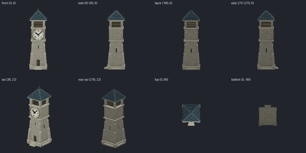 Clock tower face with moving hands from eight angles