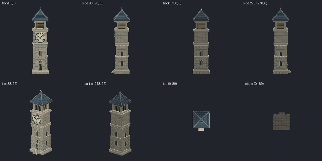 Clock tower face with moving hands from eight angles