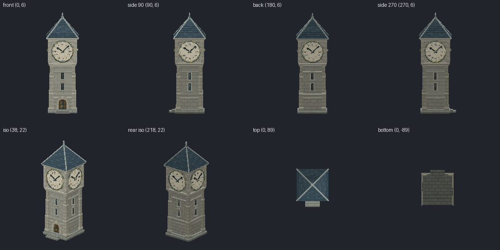 Clock tower face with moving hands from eight angles