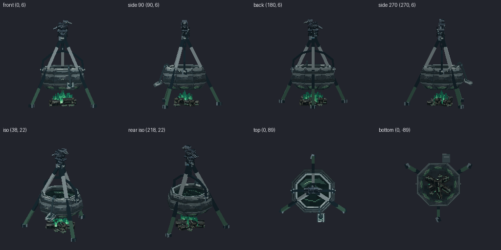 Cooking pot over a fire from eight angles