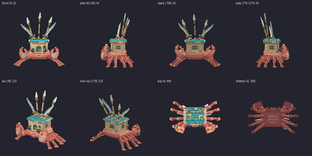 Coral crab with a shell house from eight angles