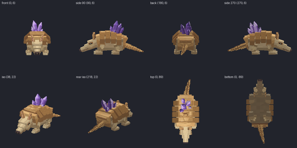 Crystal-backed armadillo from eight angles