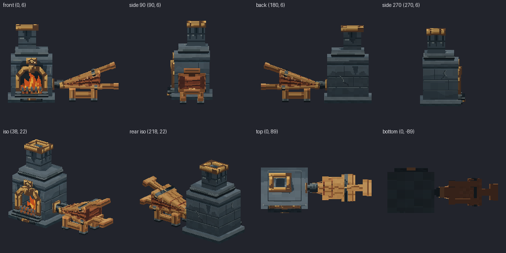 Dwarven smelting furnace with a bellows wheel from eight angles