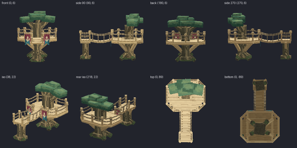 Elven tree-house platform from eight angles