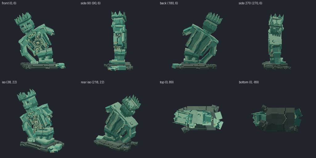 Fallen-king statue ruin from eight angles