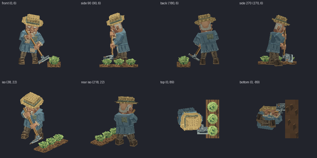 Farmer hoeing a crop row from eight angles