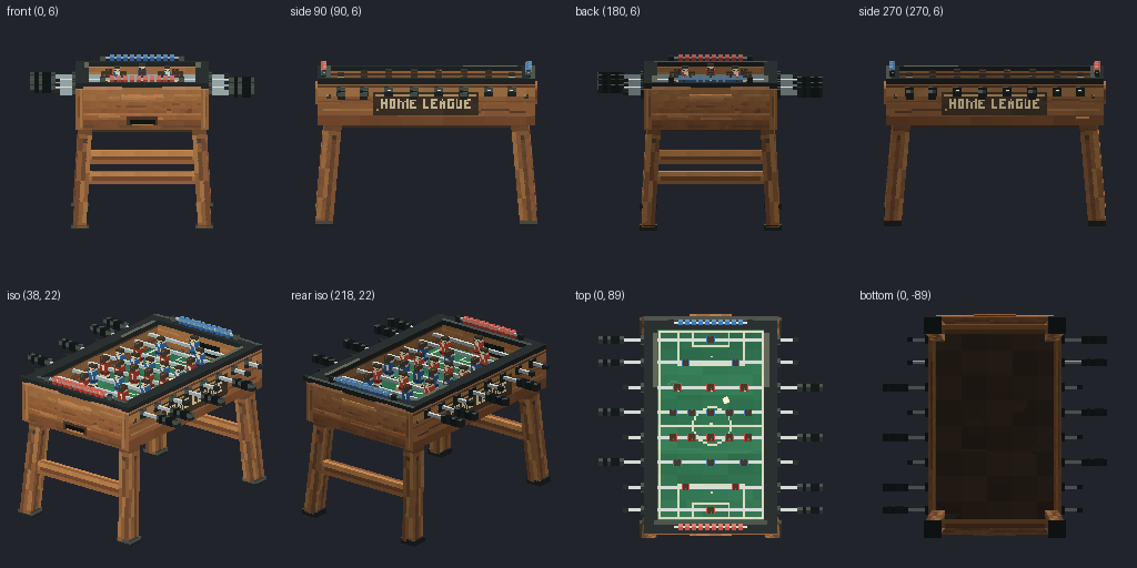 Foosball table from eight angles