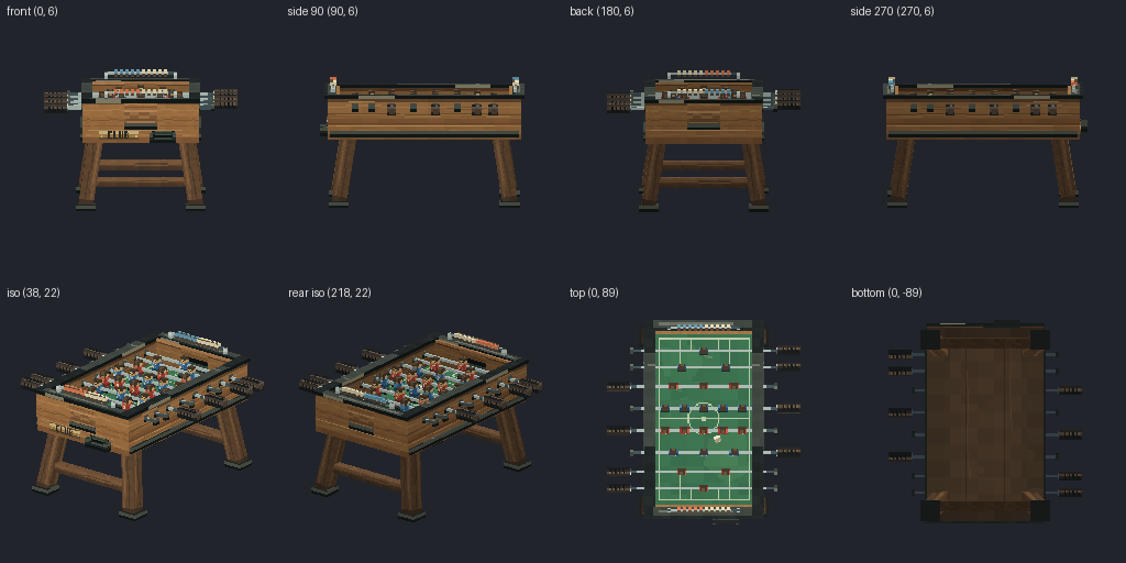 Foosball table from eight angles