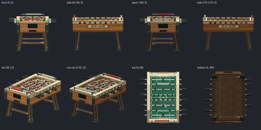 Foosball table from eight angles