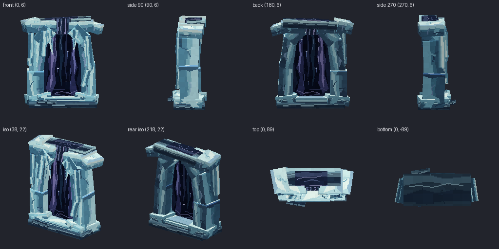 Frozen waterfall portal from eight angles