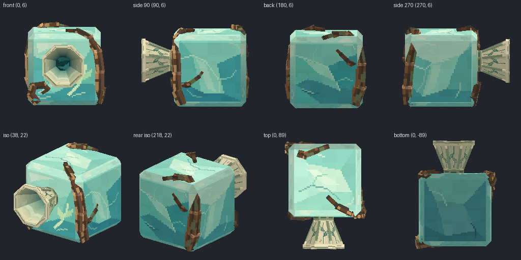 Glowing crystal block from eight angles