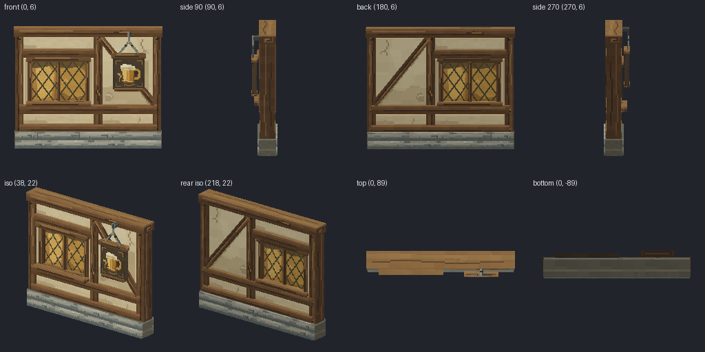 Half-timbered wall segment from eight angles
