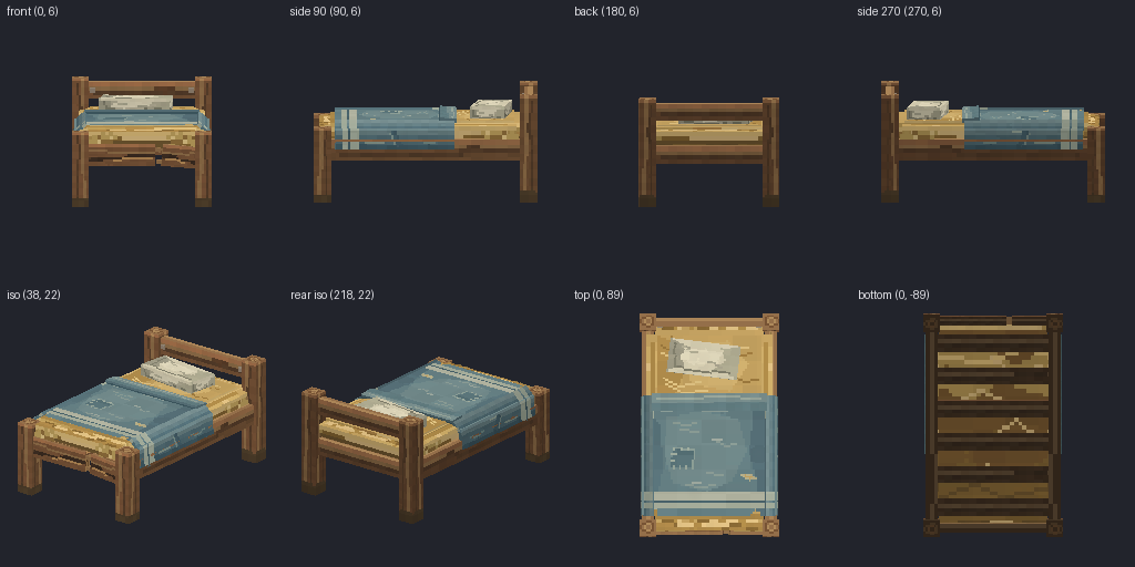 Infirmary cot from eight angles
