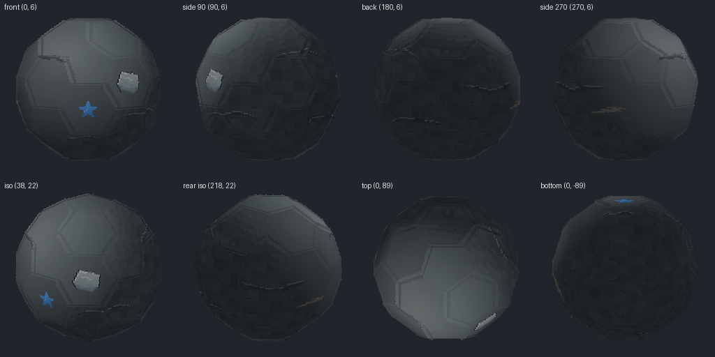 Iron cannonball from eight angles