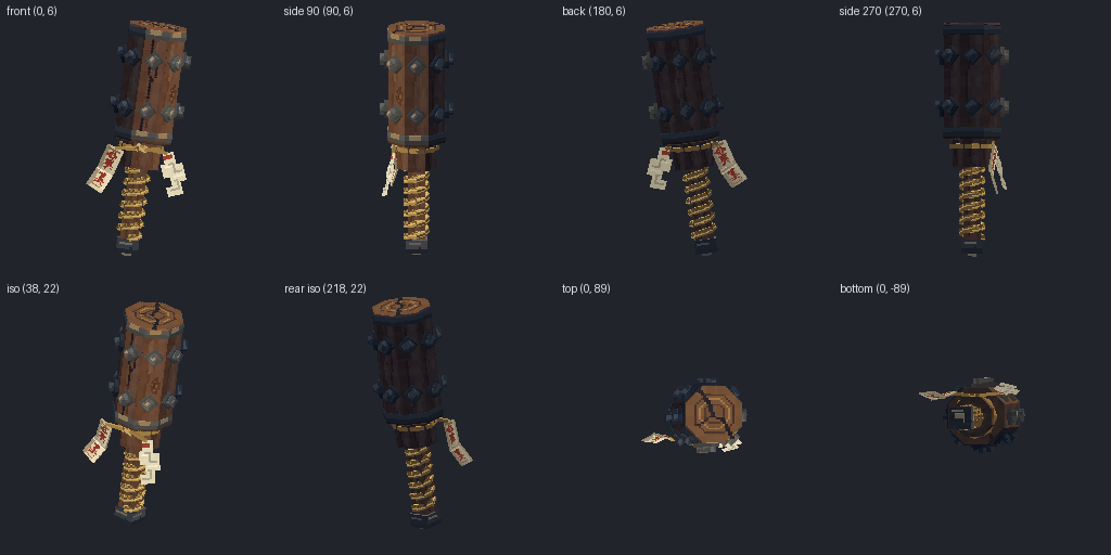 Iron-studded kanabo club from eight angles