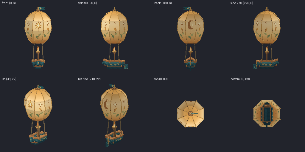 Lantern-strung balloon gondola from eight angles