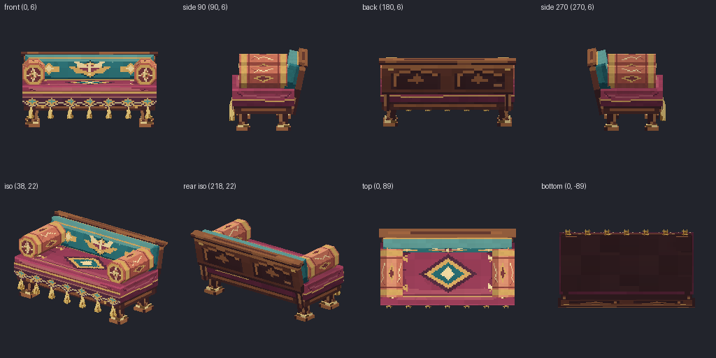 Low cushioned divan from eight angles