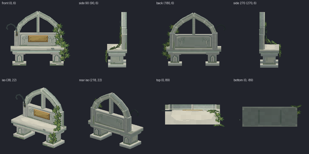 Memorial bench from eight angles