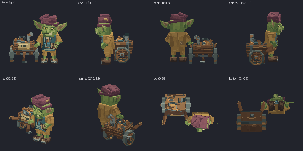 Merchant pushing a handcart from eight angles