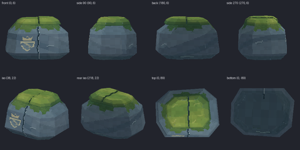 Mossy boulder from eight angles