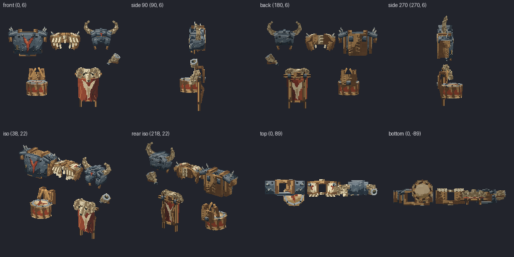 Orc war armor set from eight angles
