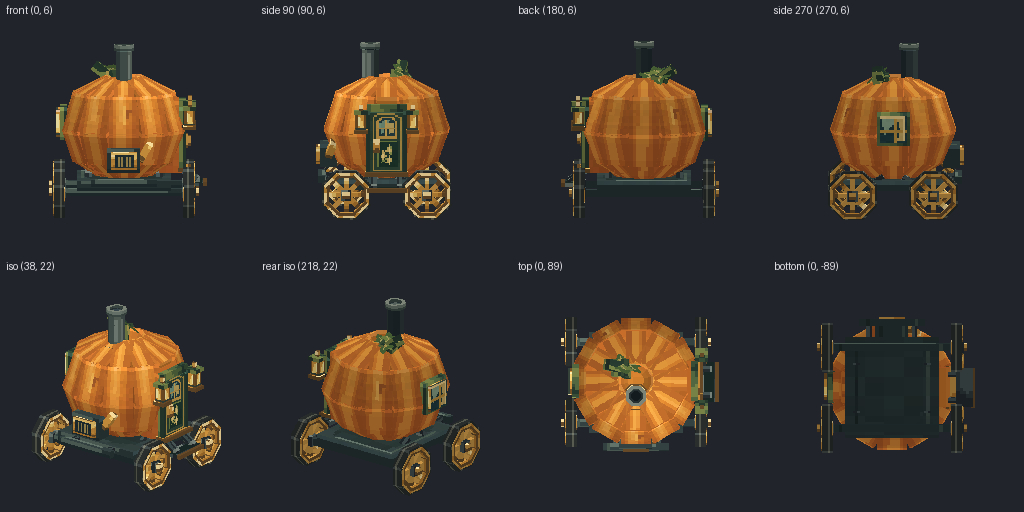 Pumpkin harvest coach from eight angles