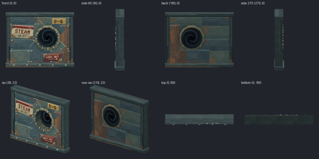 Riveted bulkhead wall from eight angles
