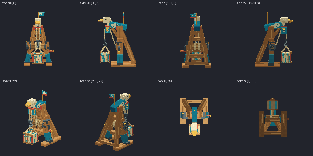 Rope-and-pulley hoist from eight angles