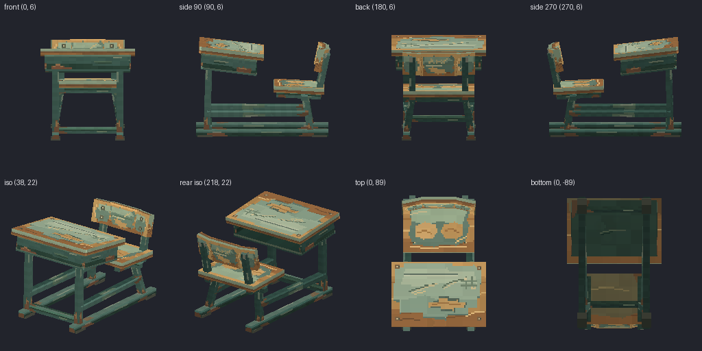 School desk with a chair from eight angles