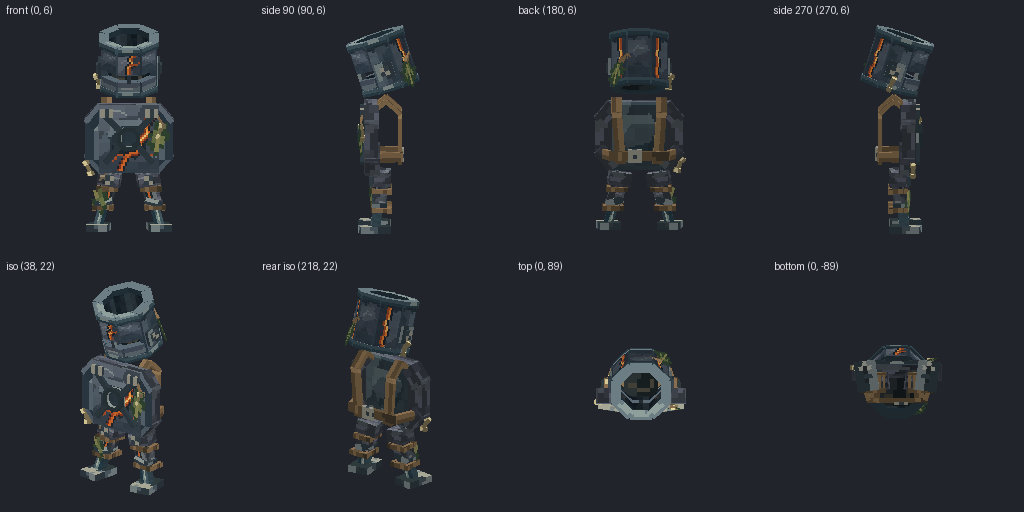 Scrap-tech goblin armor set from eight angles