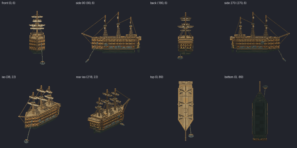 Ship of the line with three gun decks from eight angles