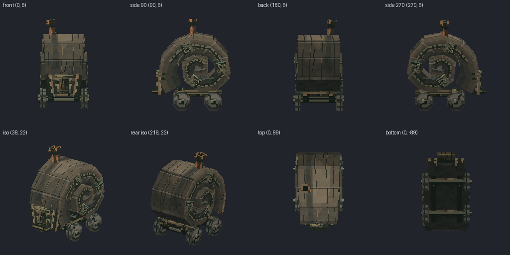 Snail-shell caravan from eight angles