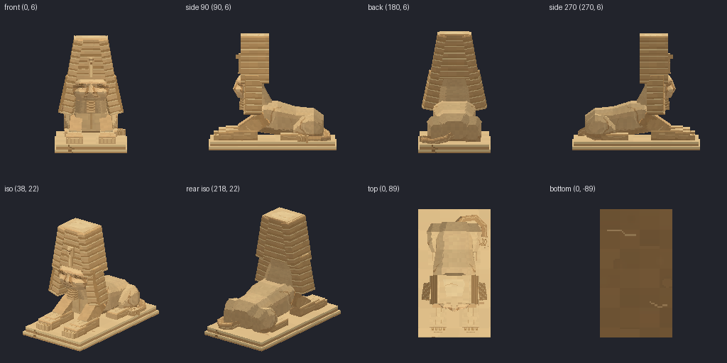 Sphinx guardian statue from eight angles