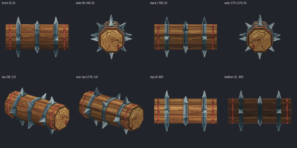 Spiked rolling log hazard from eight angles