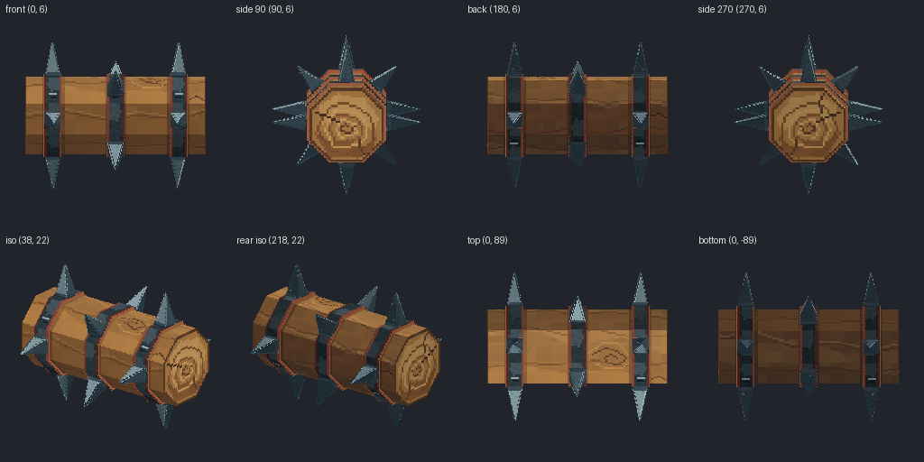Spiked rolling log hazard from eight angles