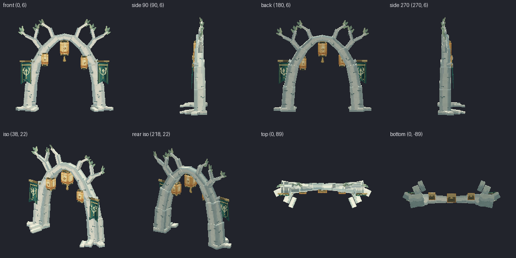 Spirit-tree gateway arch from eight angles