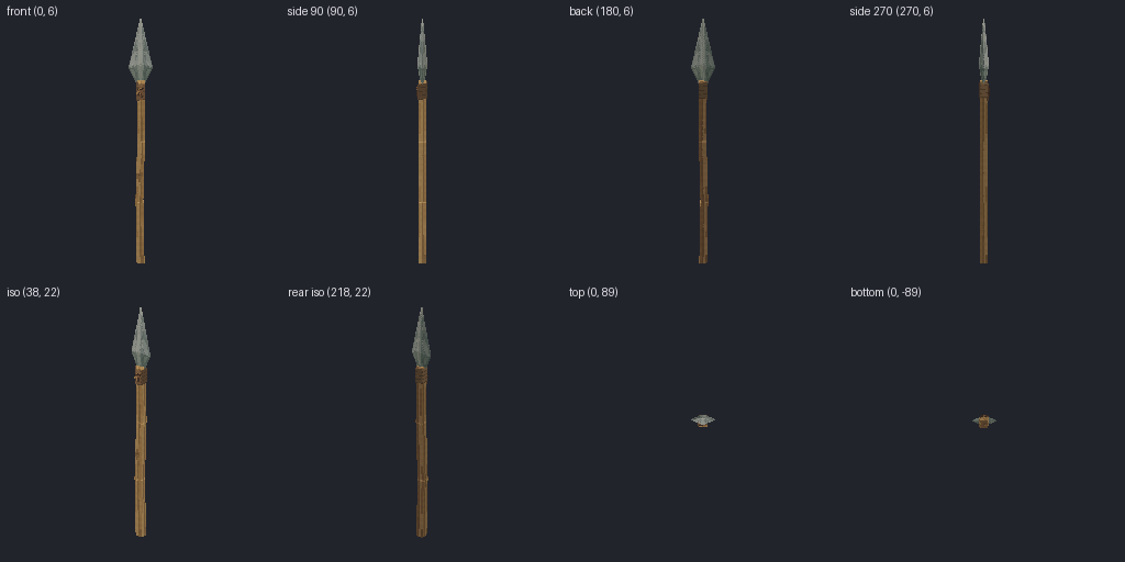 Stone-tipped spear from eight angles